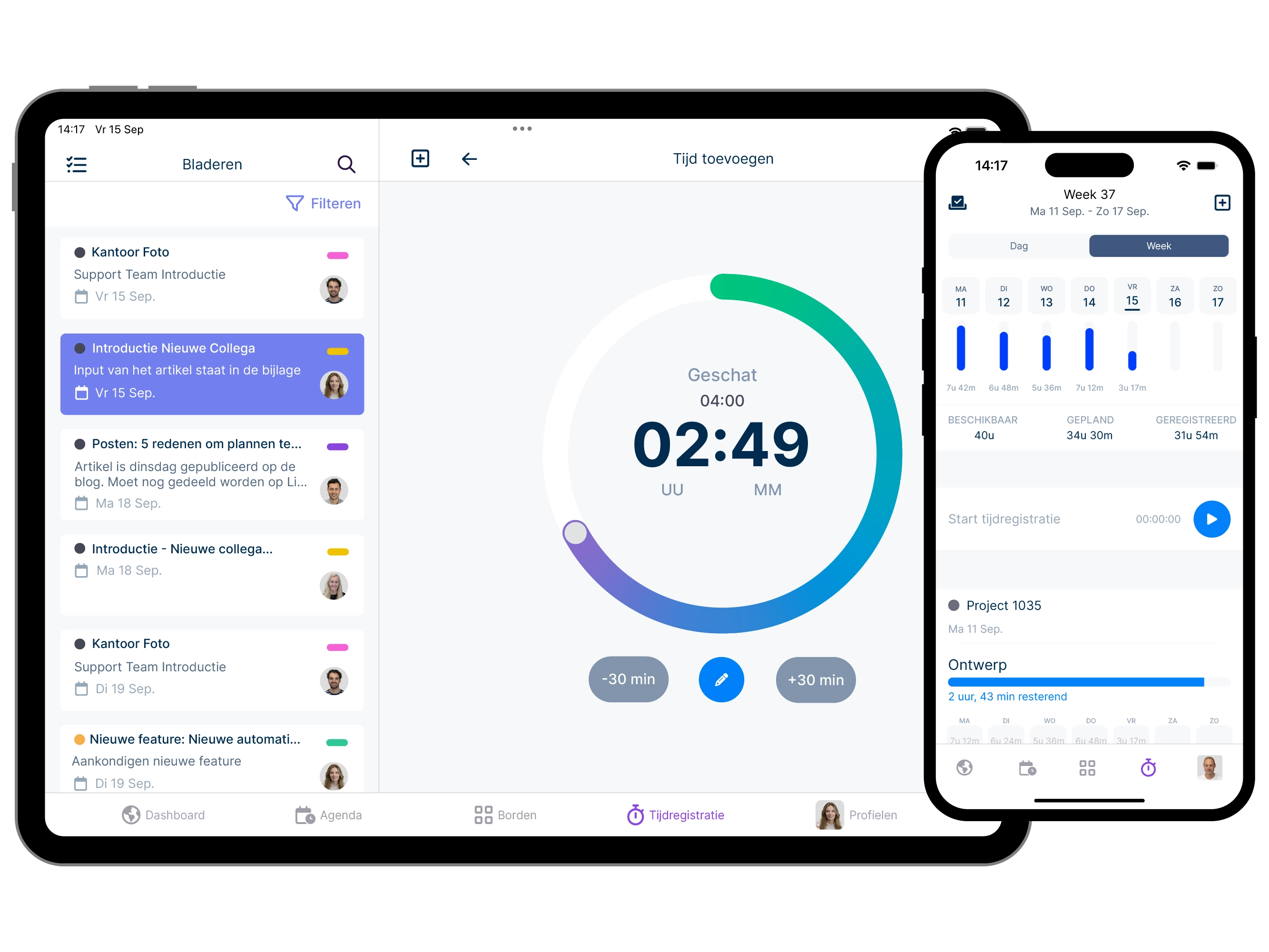 Tablet met tijdregistratie met een telefoon met het tijdregistratieoverzicht.