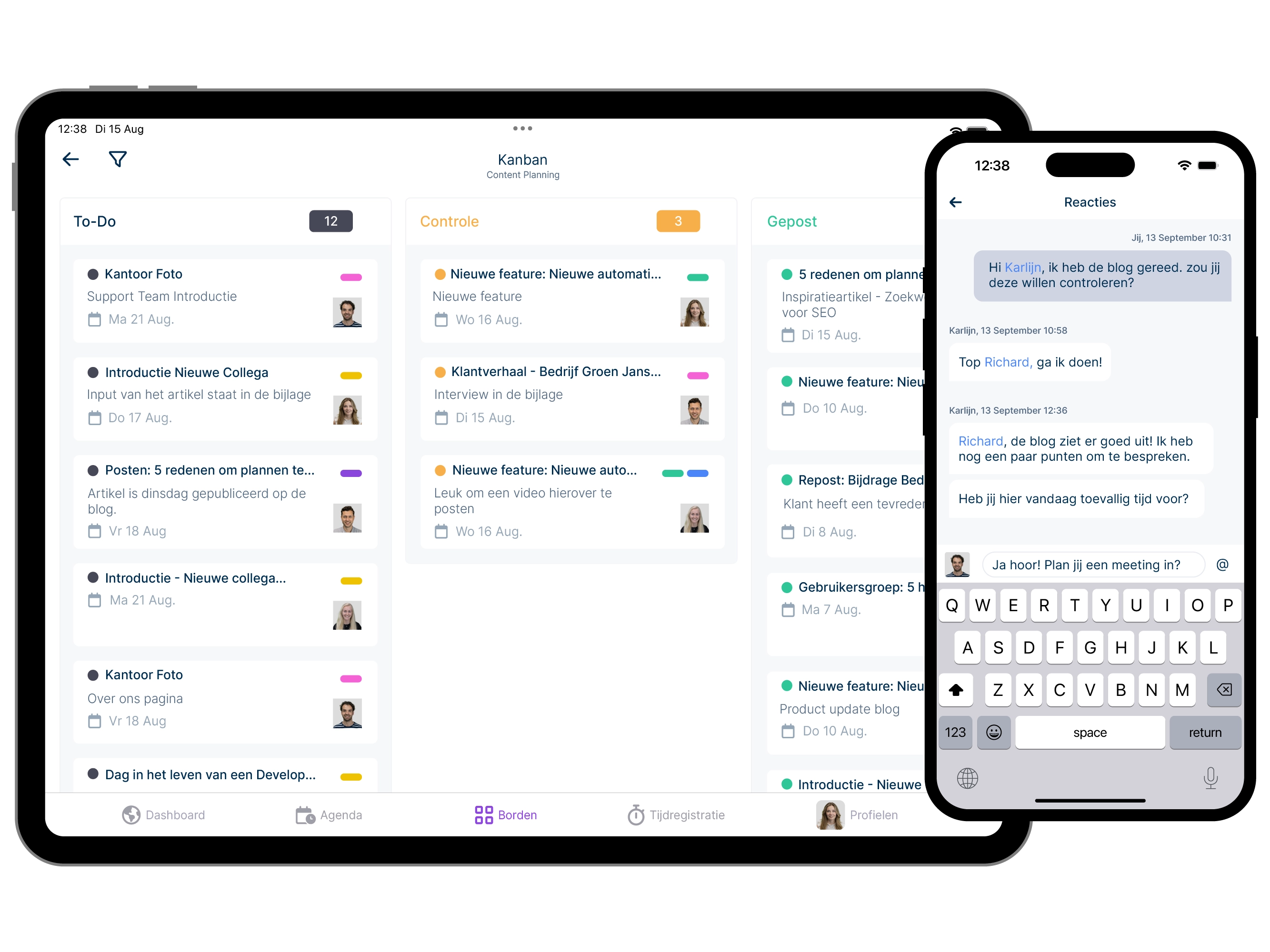 Tablet met kanbanweergave met een telefoon met opmerkingen.