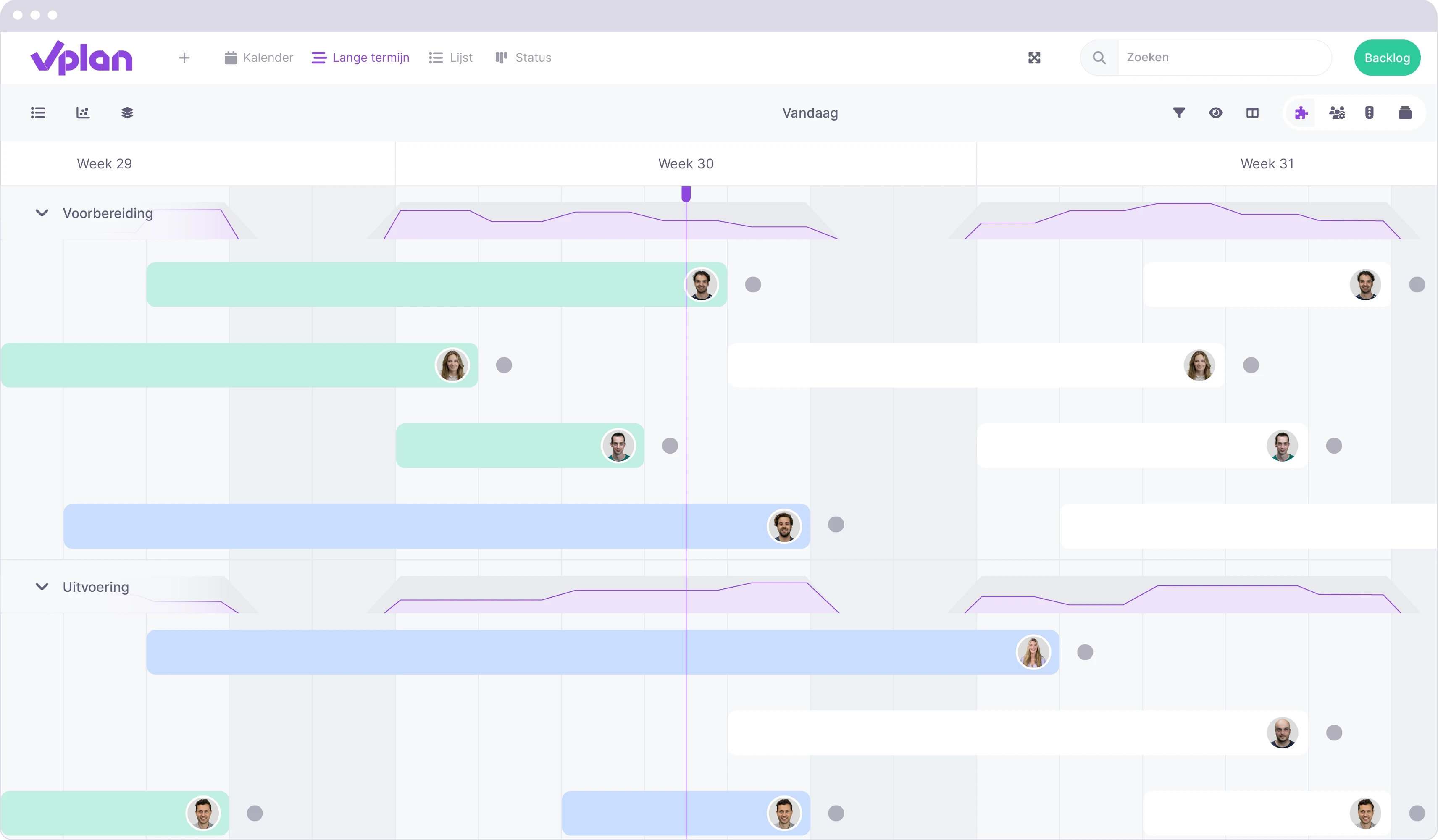 vPlan Planning: Een tijdlijnweergave met een tijdregistratie element. In de tijdlijn is met de tooltip belangrijke informatie beschikbaar waaronder de gekoppelde resources.