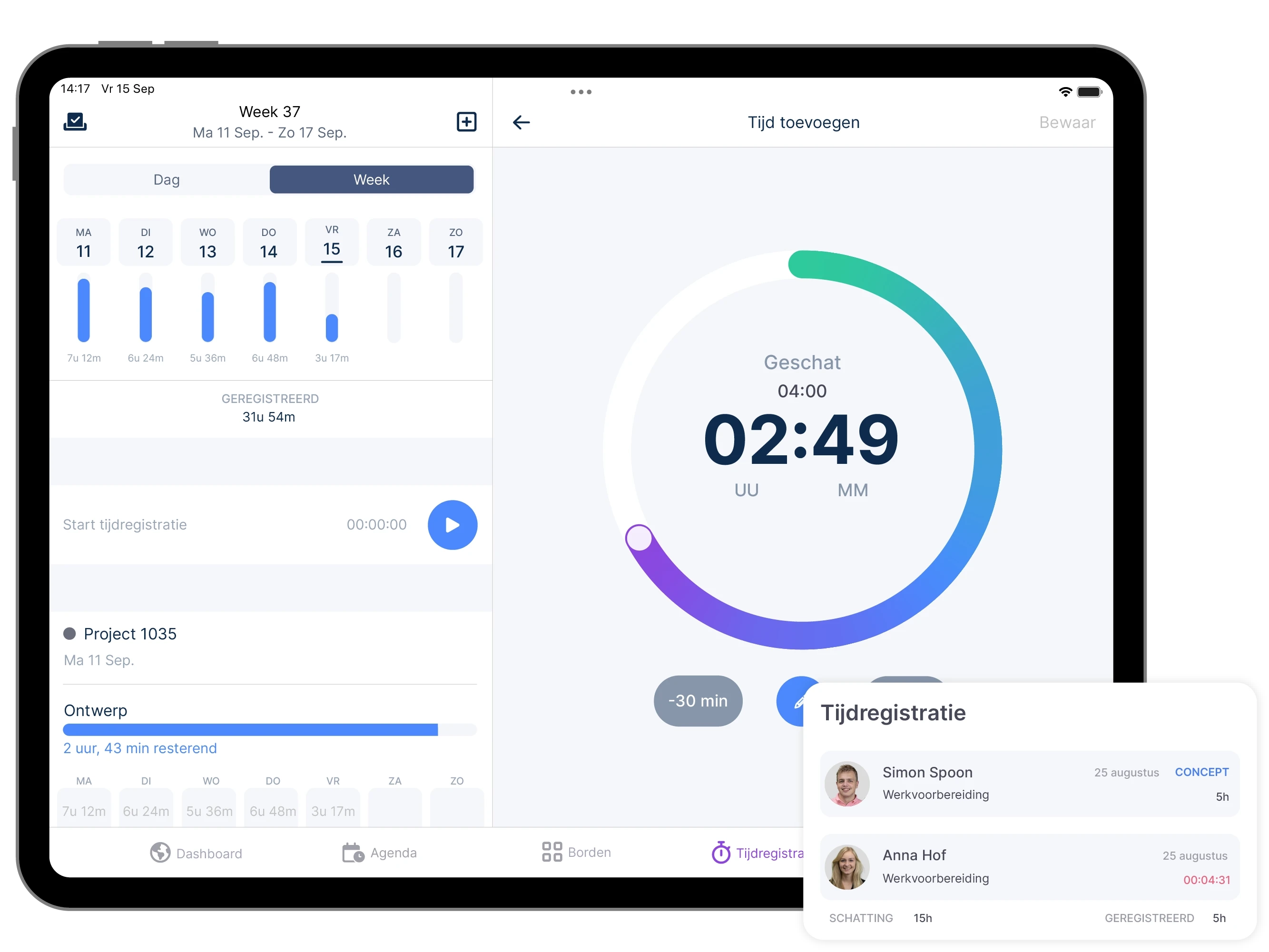 vPlan-app op de tablet die handmatige urenregistratie toont naast de geregistreerde uren van een week. Daarbij een tijdregistratie-element.