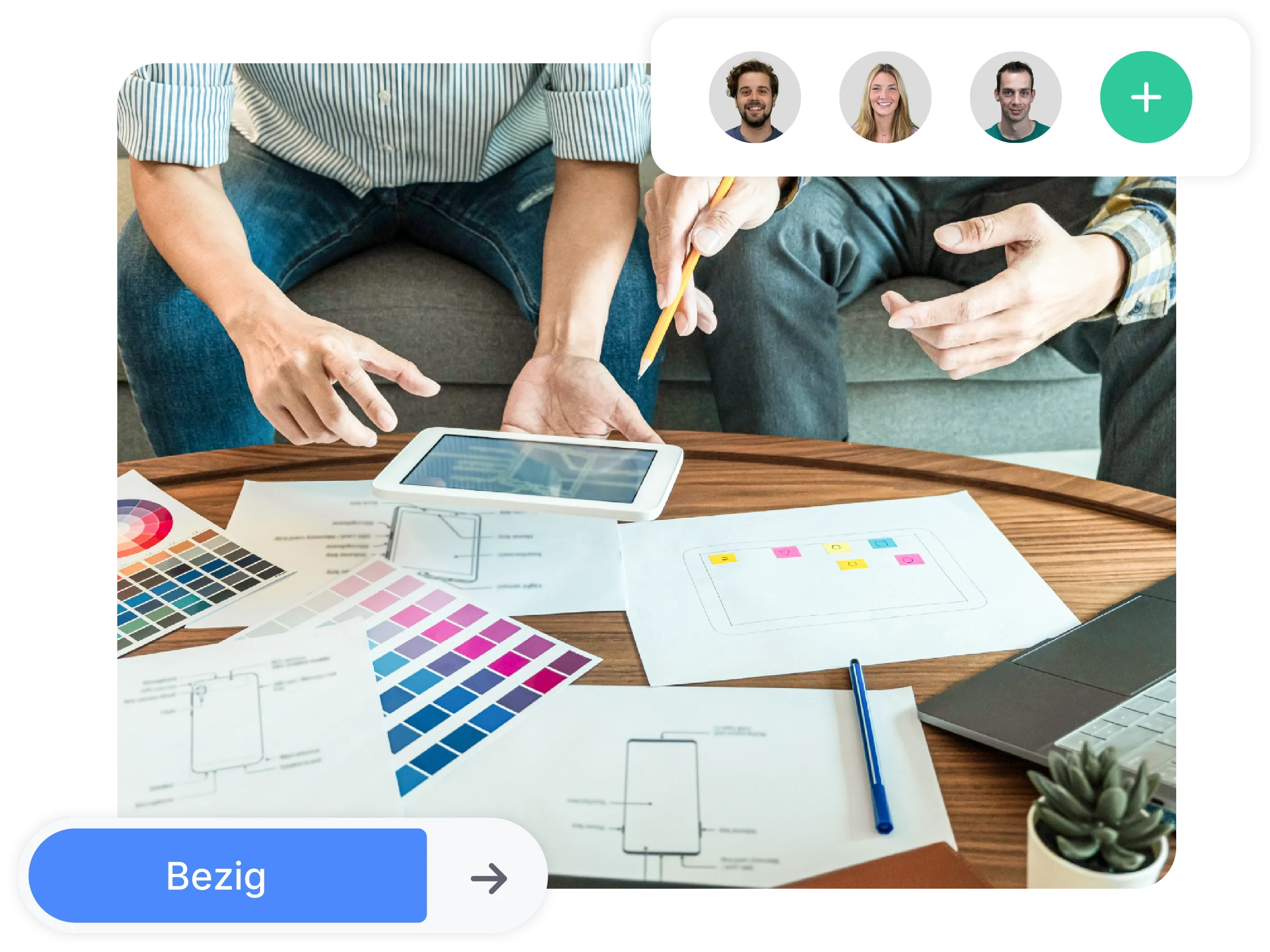 vPlan Design: Front-end-developers die overleggen, met daarbij een weergave van een status en een element van gekoppelde resources aan een taak.