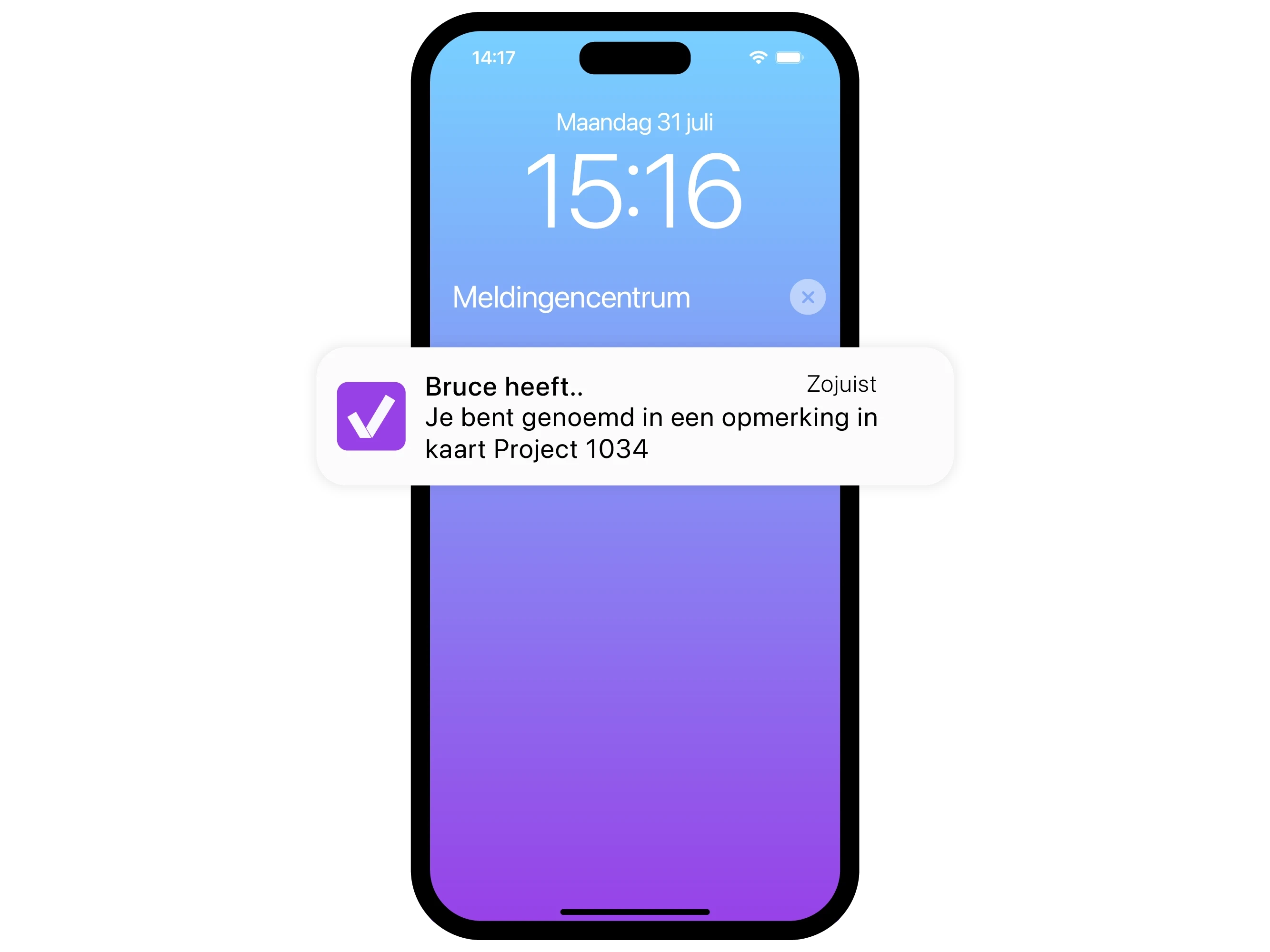 vPlan Design: Een telefoon waarop een melding vanuit de vPlan-applicatie wordt uitgelicht.