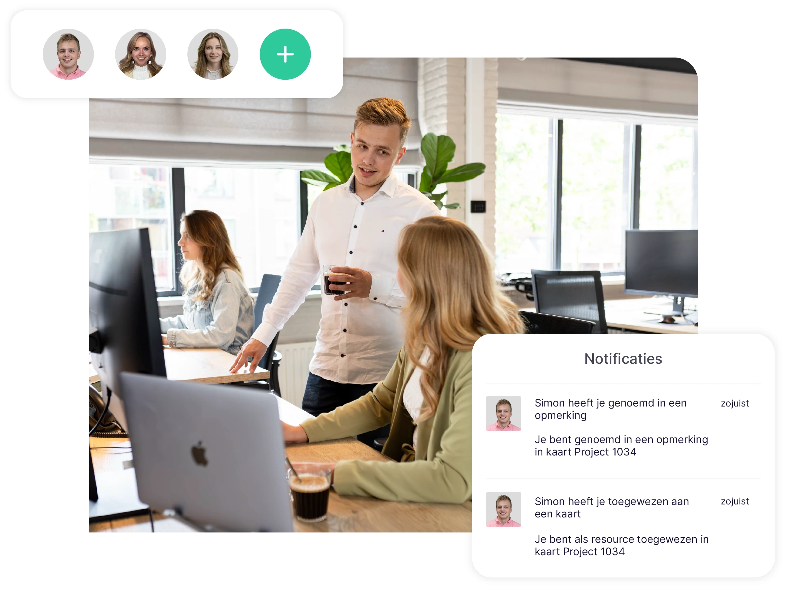 vPlan Engineering: Twee medewerkers in overleg, met daarbij een element voor het toewijzen van medewerkers en een notificatie-element.