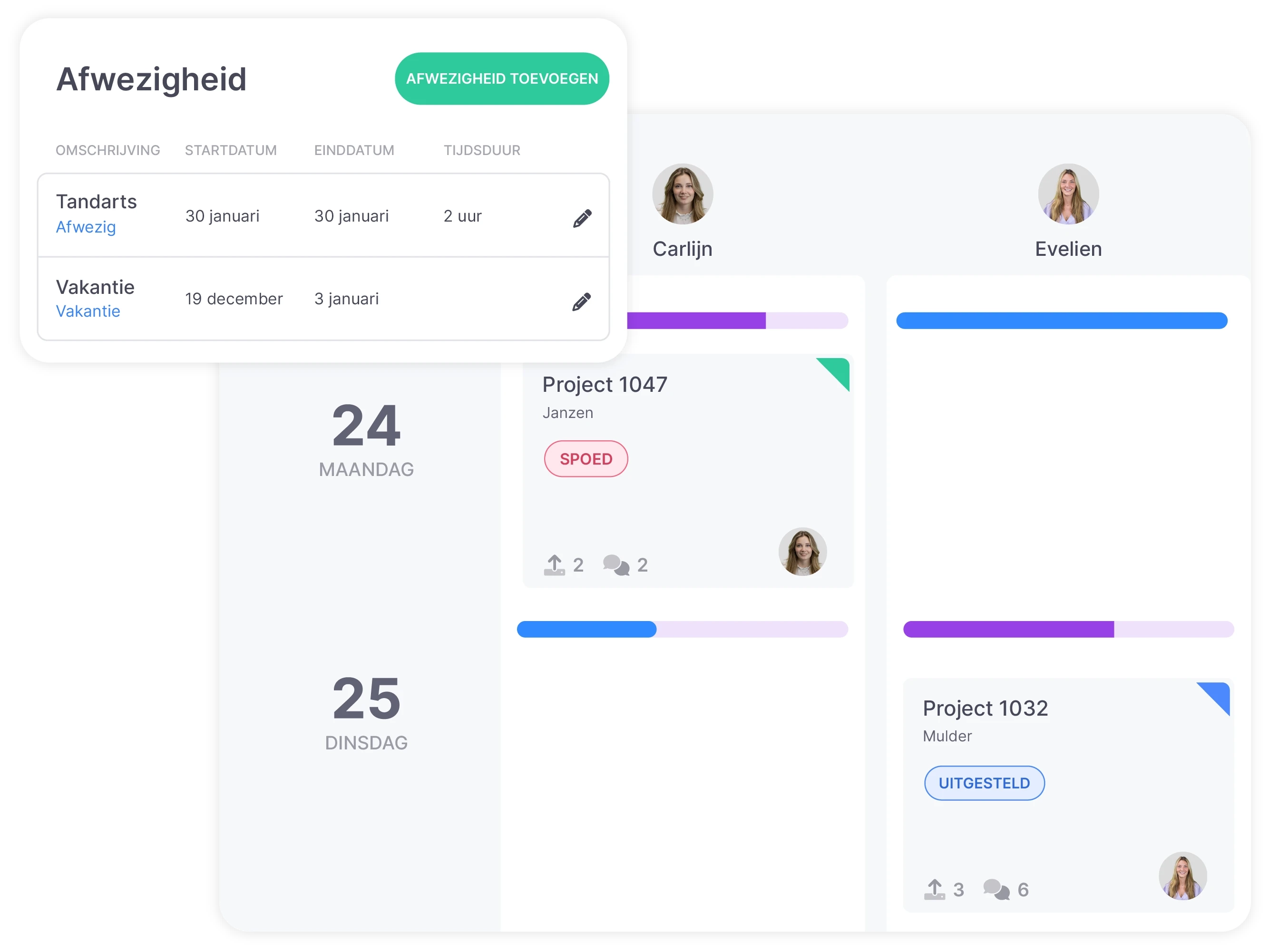 vPlan HR: Een inzoom op de Kanban-weergave op resource-niveau, met inzicht in het verlof van alle medewerkers.