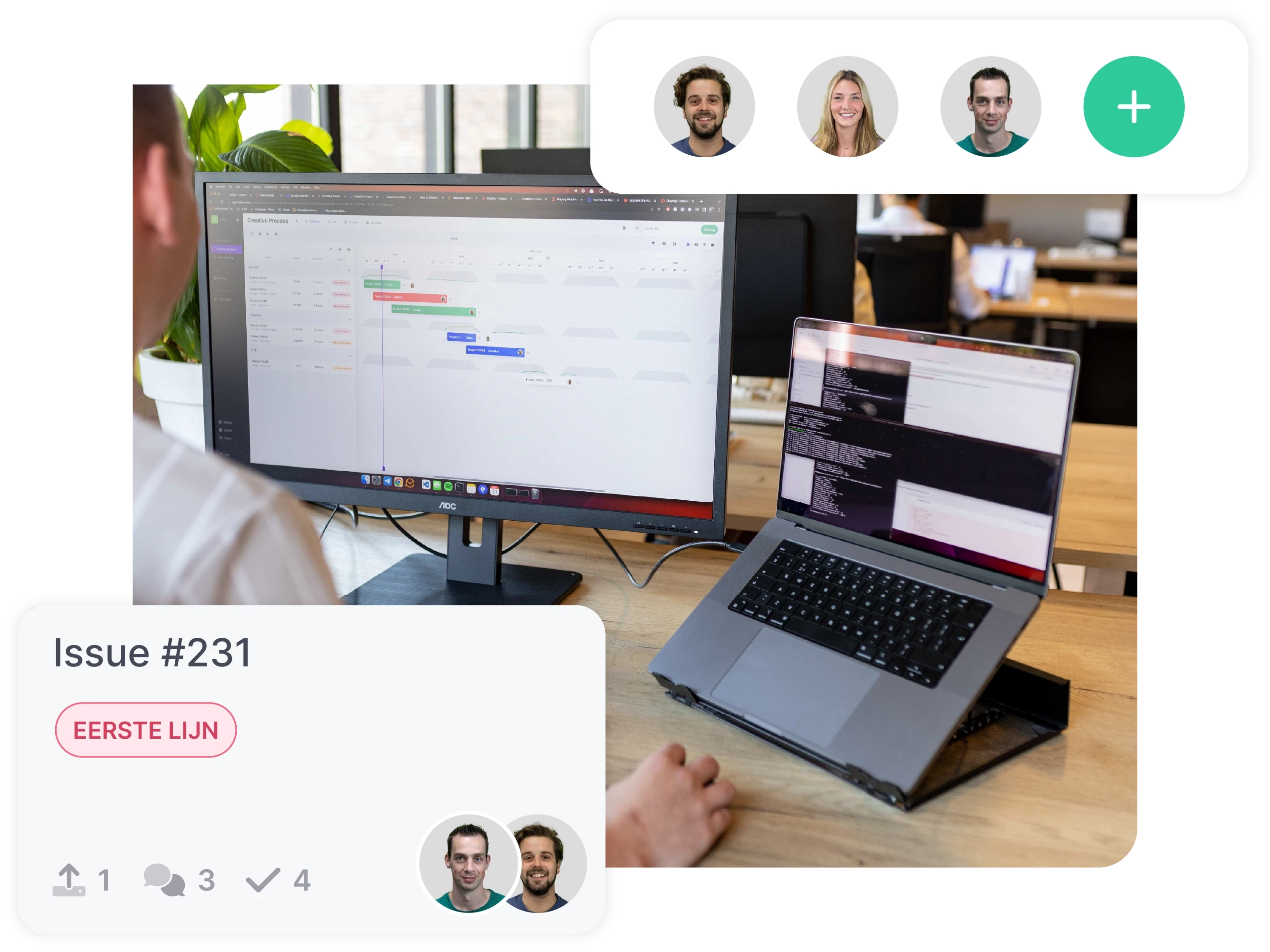 vPlan IT & Development: Een developer die de tijdlijnweergave van vPlan op zijn scherm toont en resources toewijst.