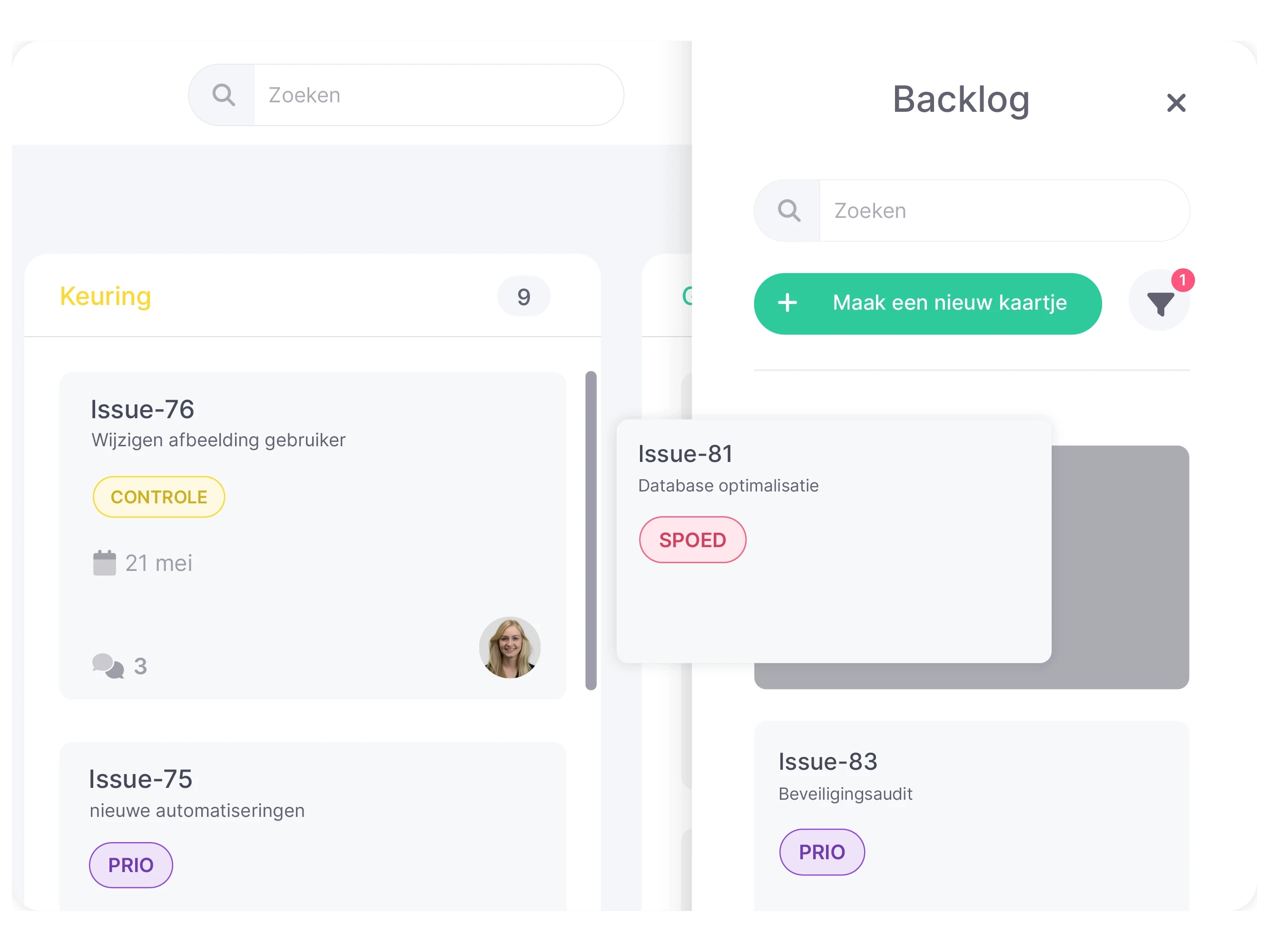 vPlan IT & Development: Een inzoom op de Kanban-weergave, met taken in de backlog die direct in de planning worden geplaatst.