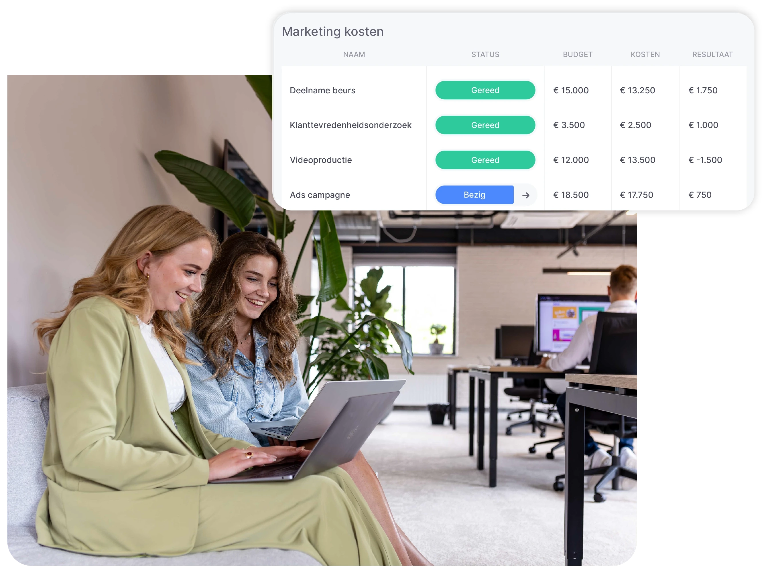 vPlan Marketing: Twee medewerkers die op een bank zitten, met daarbij een element van marketingkosten in de lijstweergave.