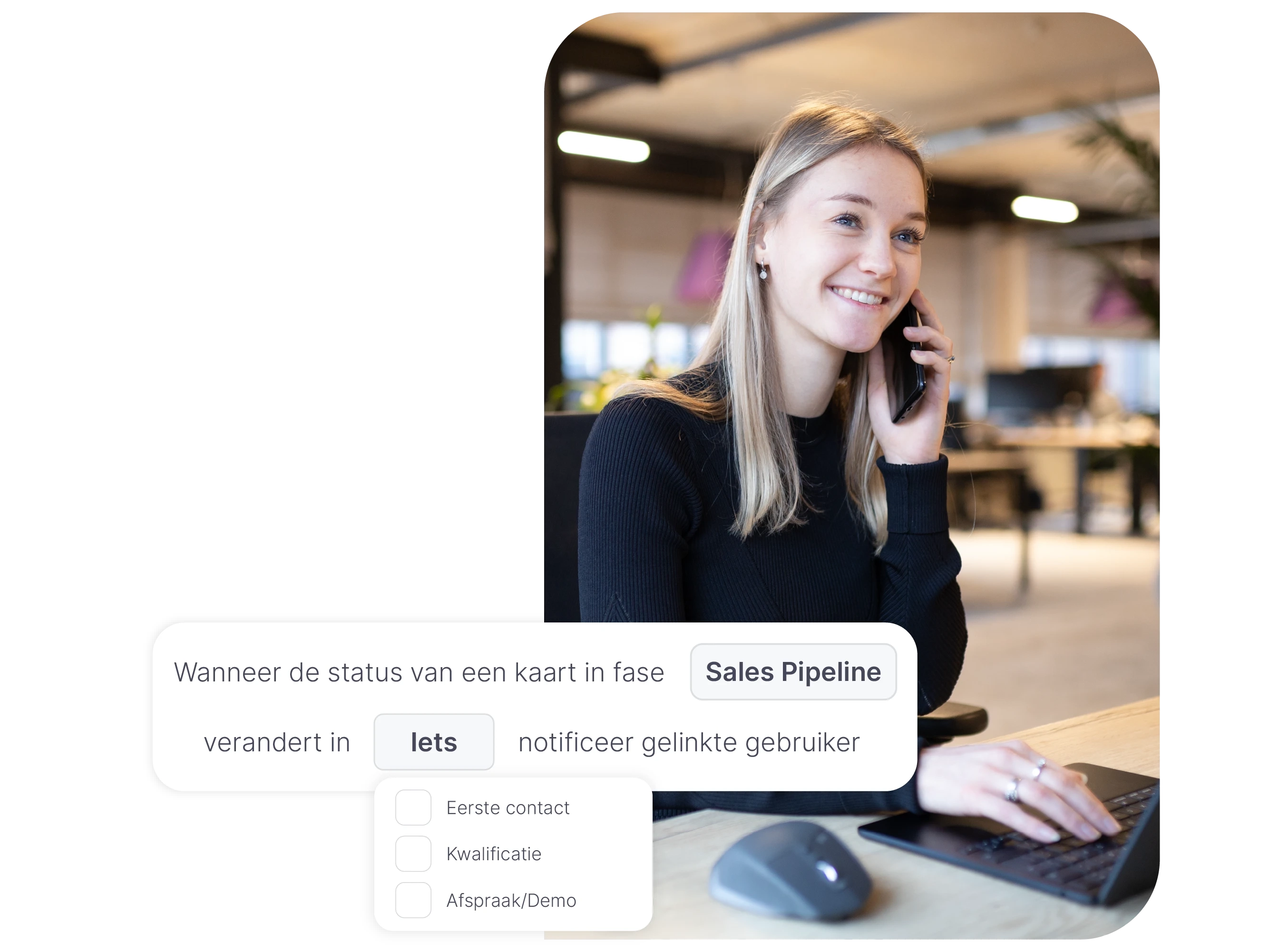 vPlan Sales: Een salesmedewerker die aan het bellen is, met daarbij een automatisering dat een medewerker notificeert wanneer een status verandert.