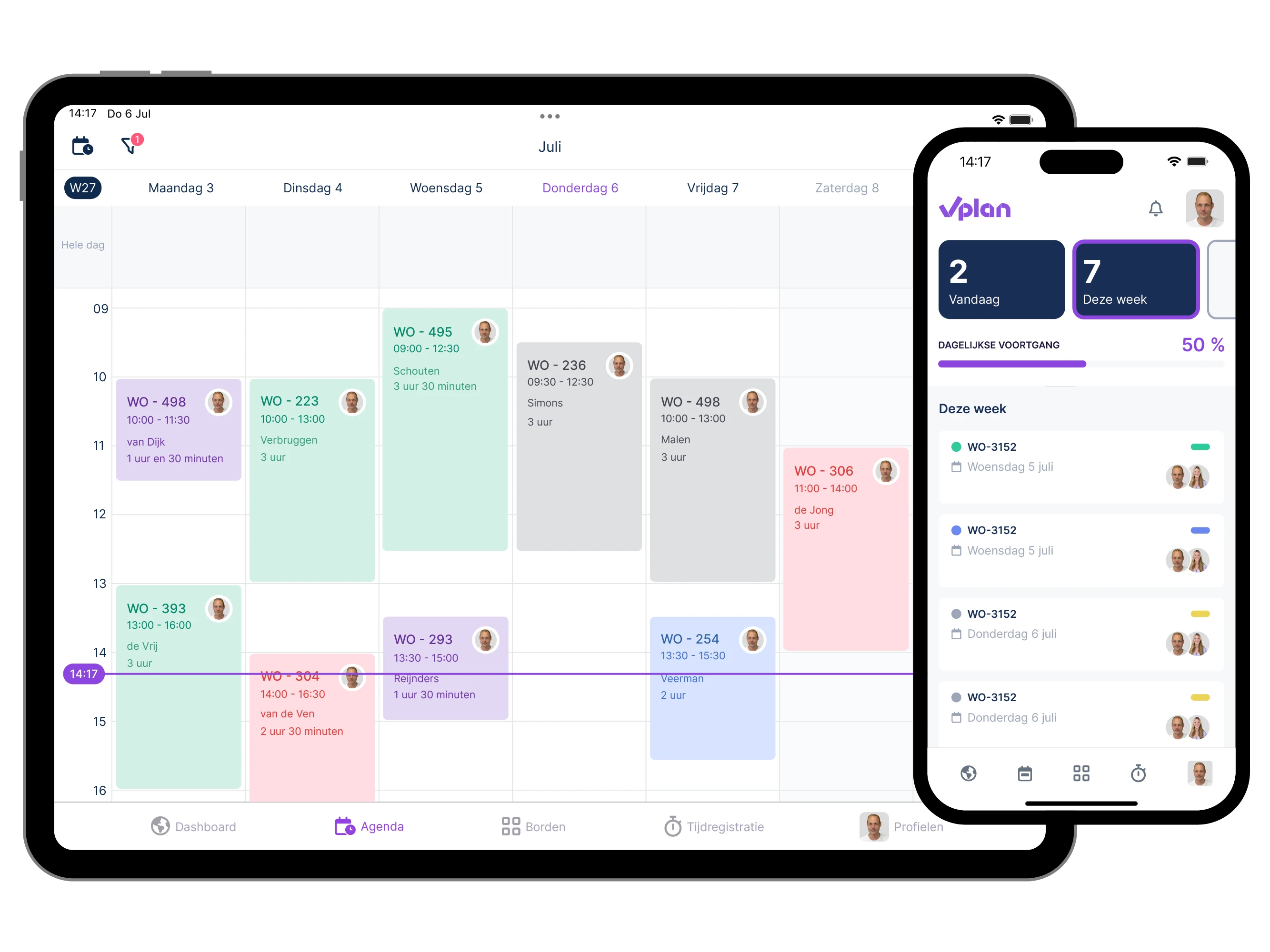 Agendaweergave op tablet met een telefoon met de vPlan app.