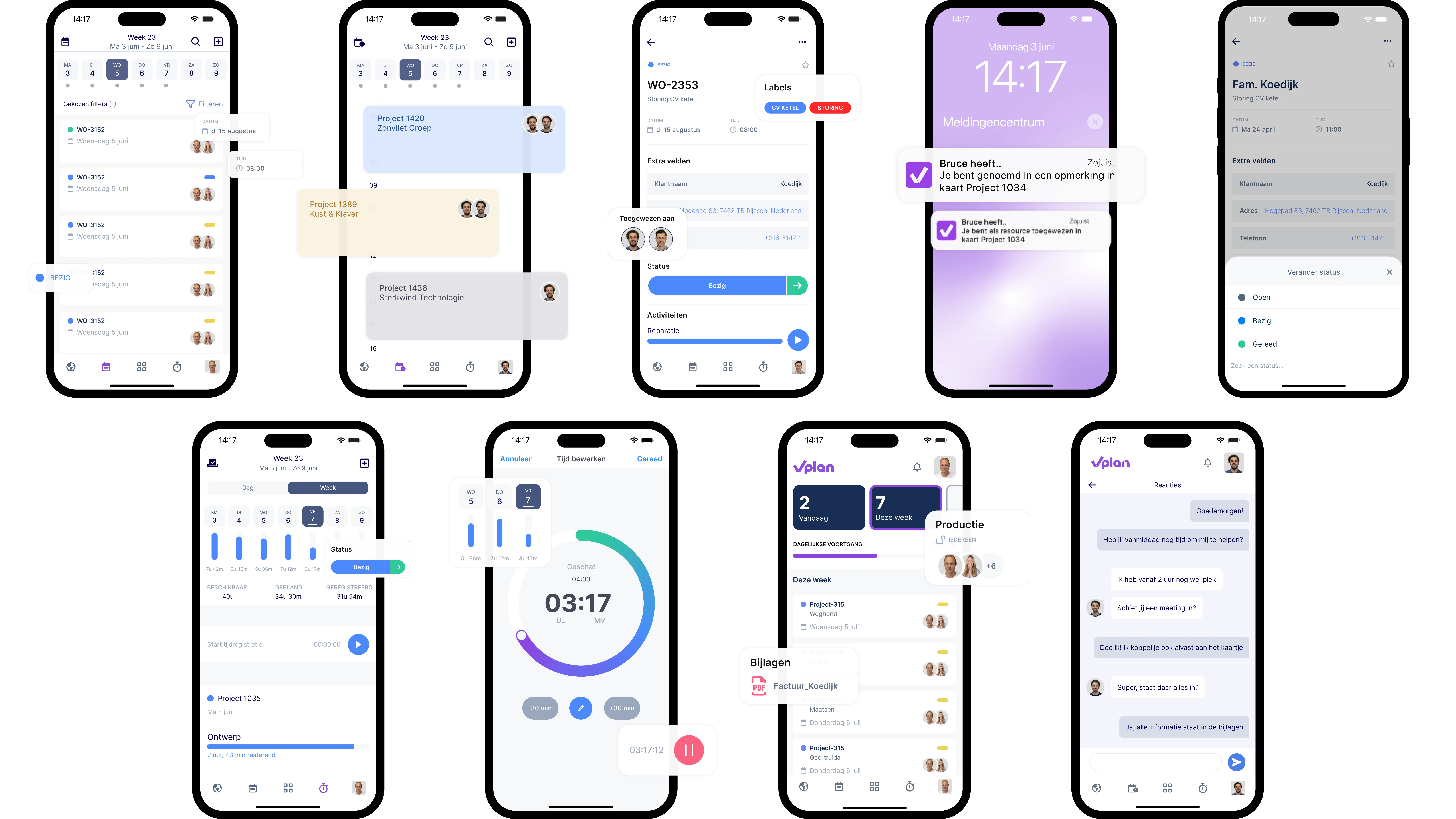 Afbeelding met verschillende schermen van de vPlan app.