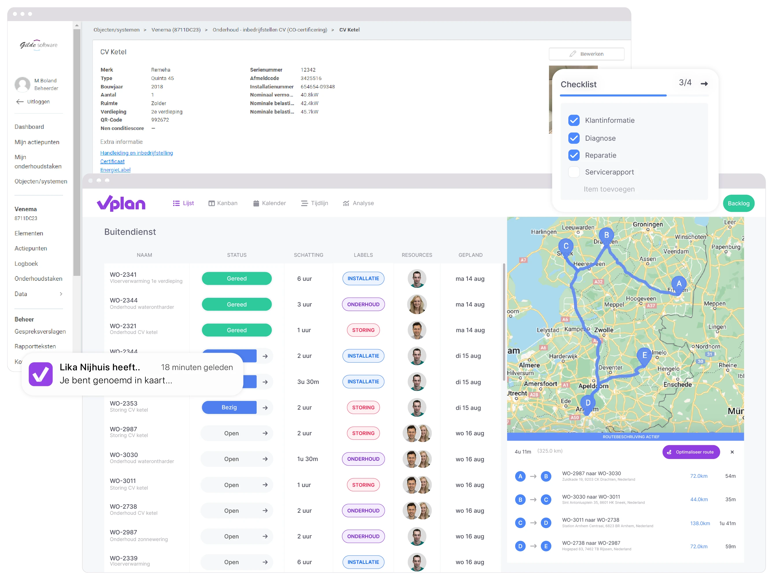 Lijstweergave met werkorders waarin de maps view is geopend en er een project vanuit Gilde te zien is op een ander scherm.