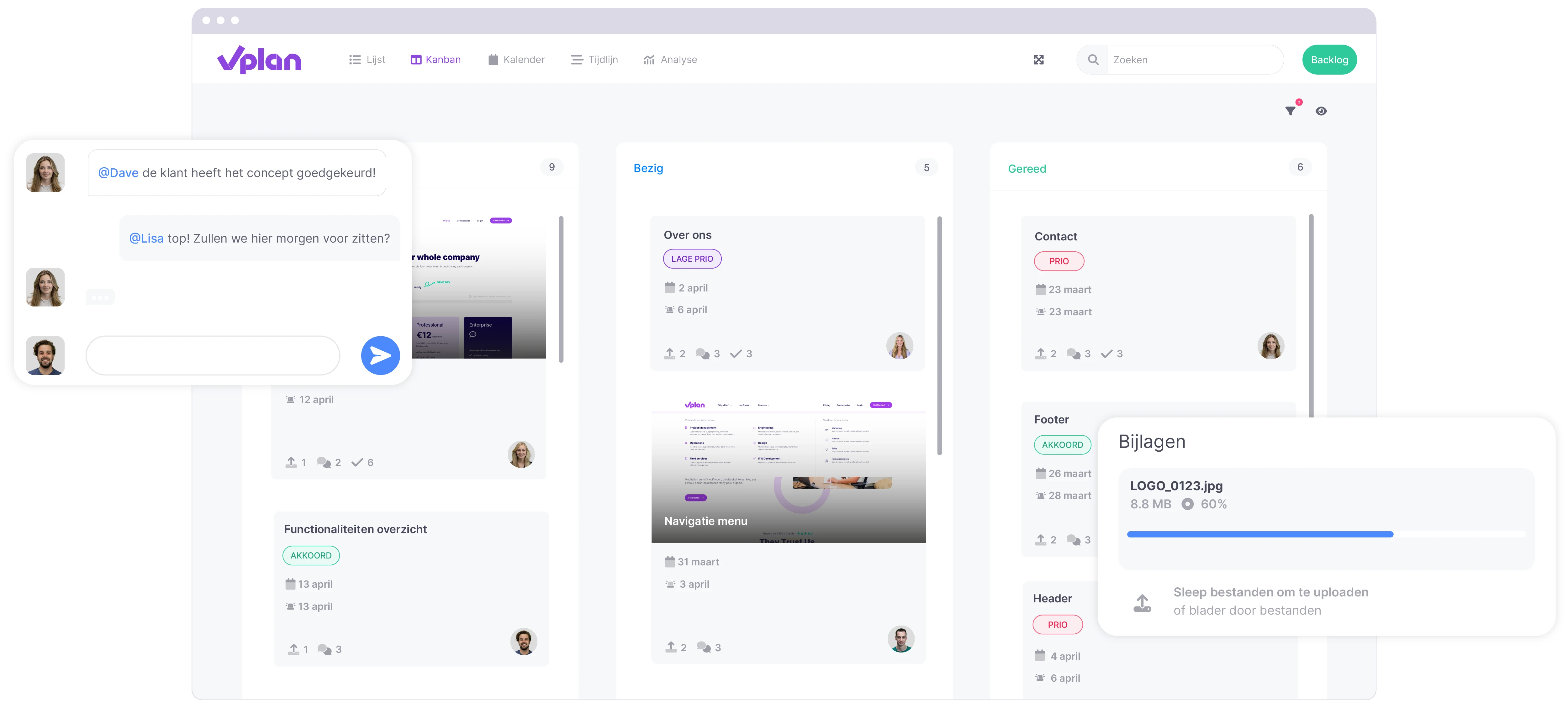 vPlan Design: De Kanban-weergave geeft taken van design- en front-end-developers duidelijk weer op basis van statussen.