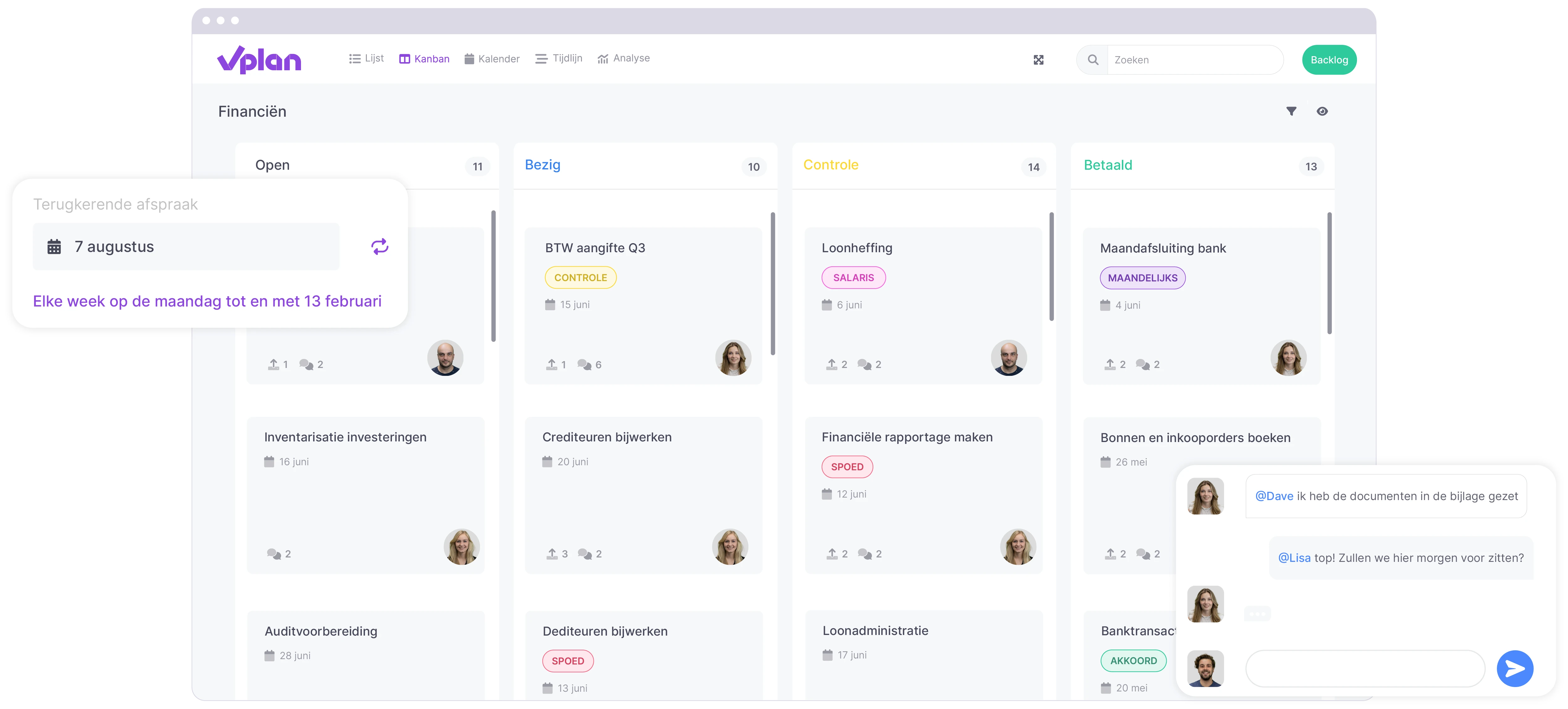 vPlan Finance: De Kanban-weergave in vPlan voor een overzicht van de status van taken, met terugkerende afspraken en communicatie.
