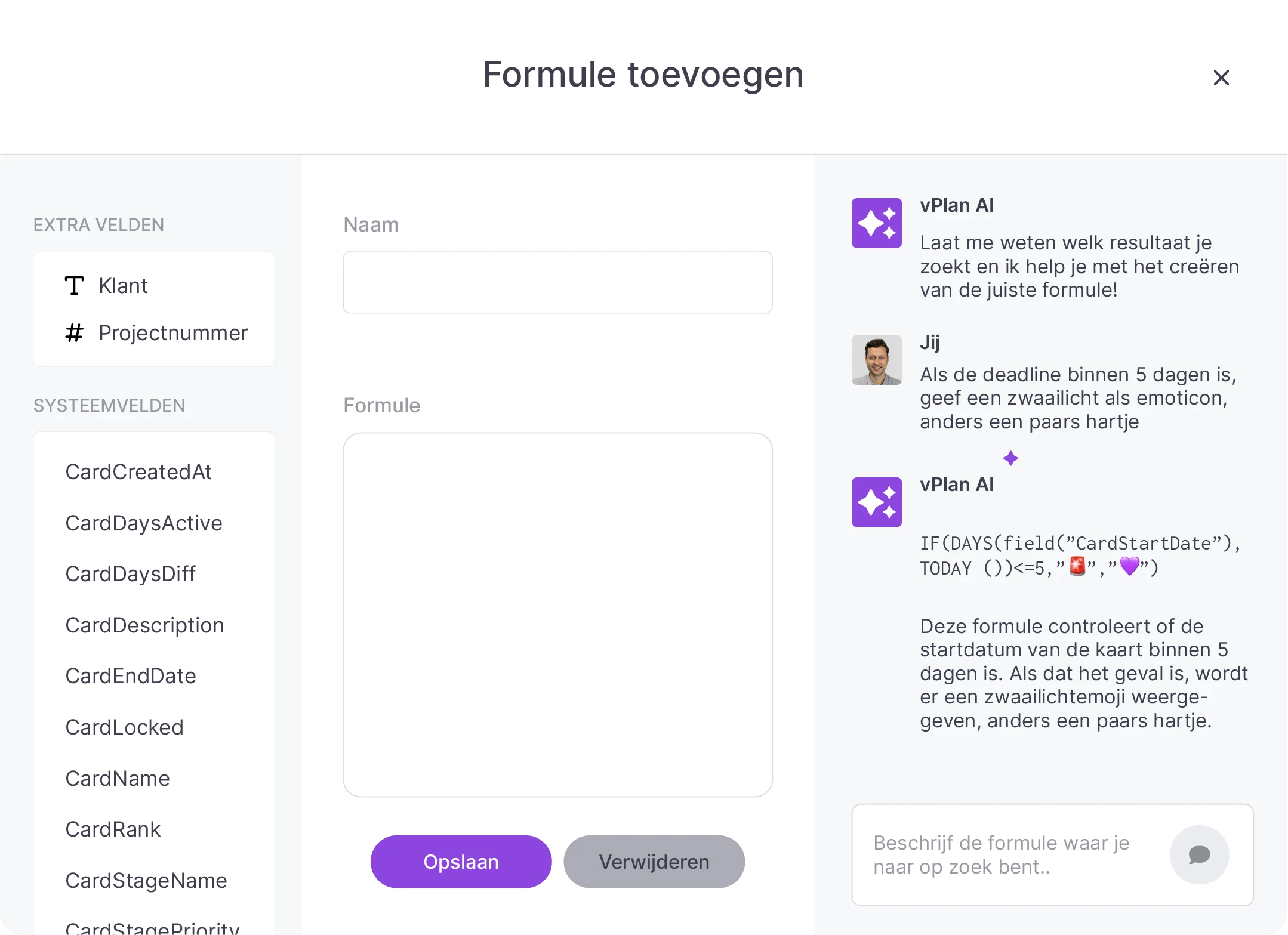 Takenoverzicht in vPlan met statusopties (Open, Bezig, Controle, Gereed) en prioriteitslabels (Lage prio, Uitgesteld, Prio).
