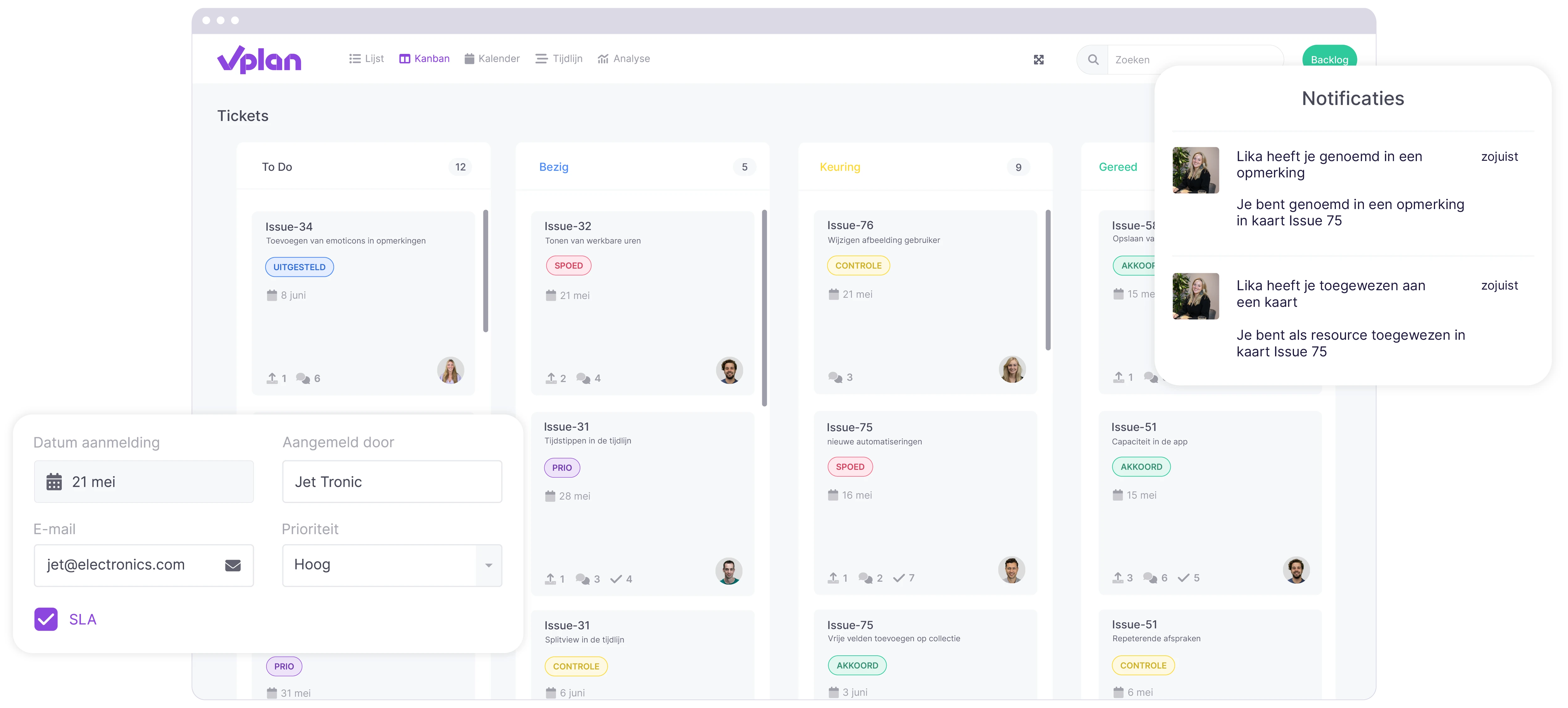 vPlan IT & Development: De Kanban-weergave in vPlan, met daarbij een element van extra velden en een notificatie-element.