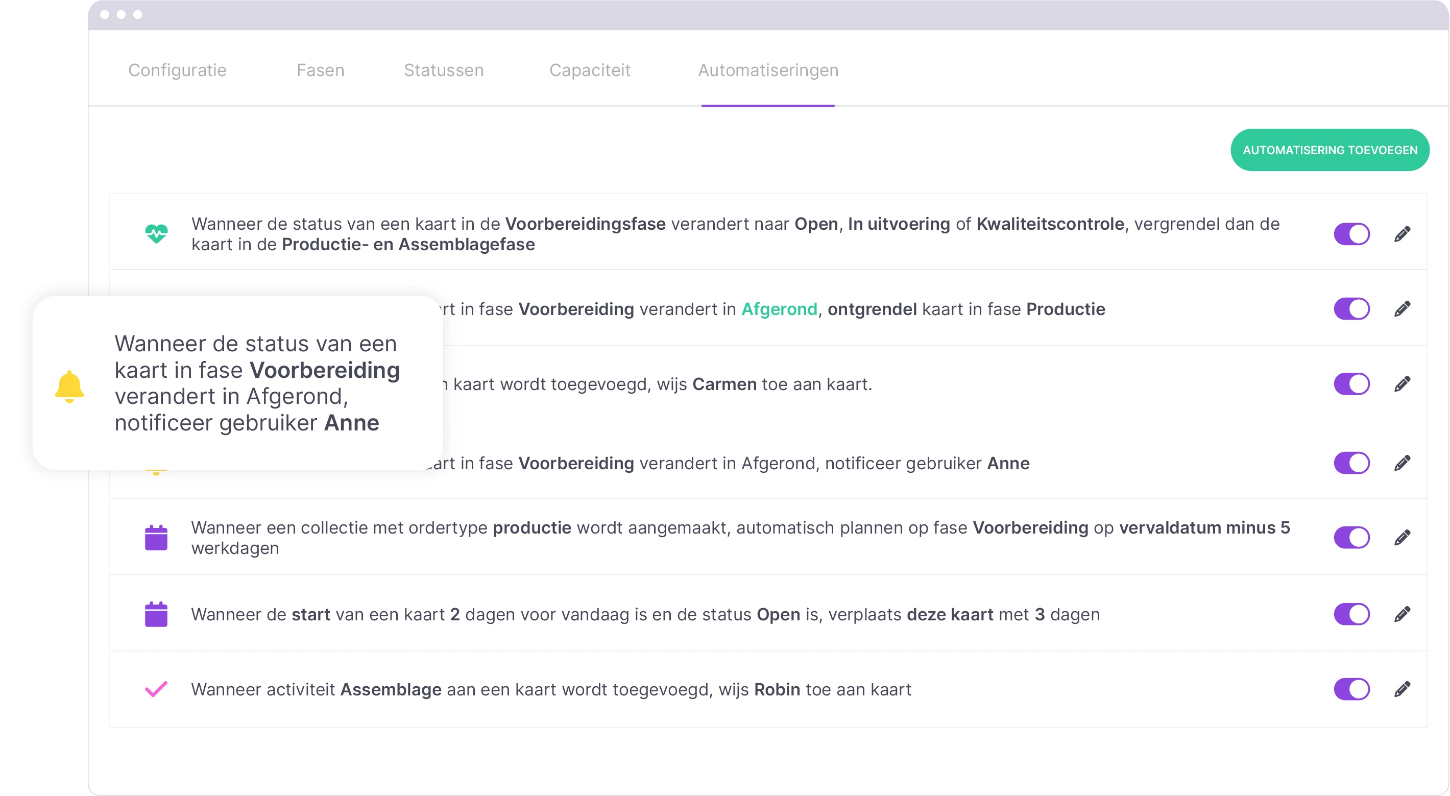 Automatiseringen in vPlan, zoals toewijzing op basis van statusverandering, prioriteitslabel en vervaldatum.