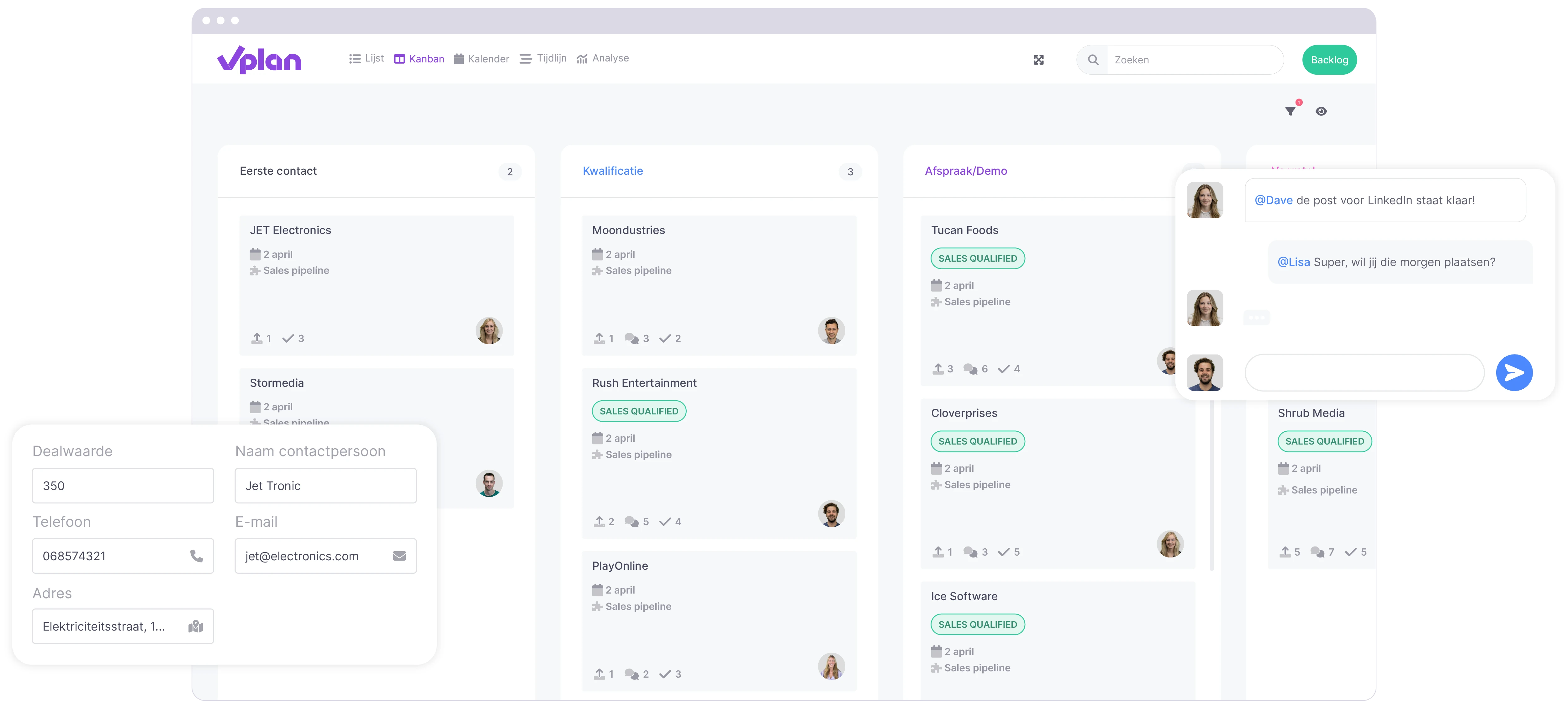 vPlan Sales: De Kanban-weergave waarin de salespipeline op status is gefilterd, met daarbij een element van vrije velden en een communicatie-element.